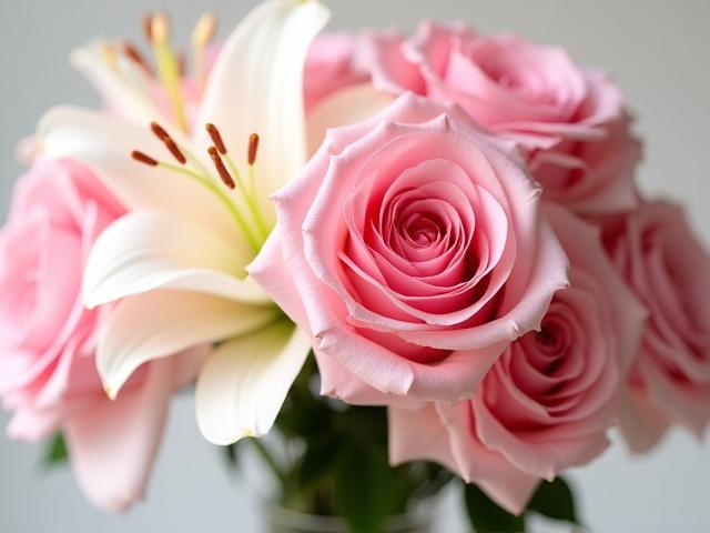 गुलाबी गुलाब और लिली का गुलदस्ता