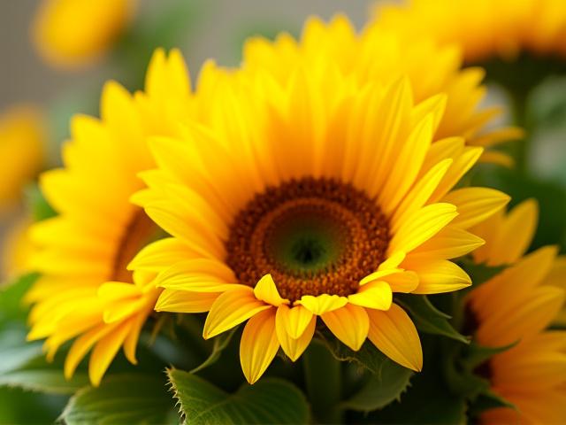 सनफ्लावर और हरे पत्तों का गुलदस्ता