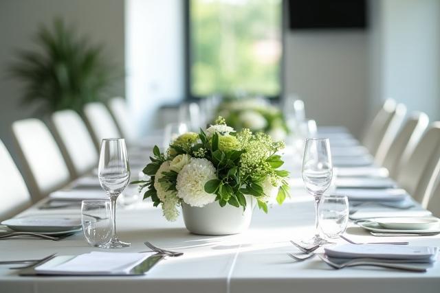 कॉर्पोरेट कार्यक्रम के लिए फूलों से सजी कॉन्फ्रेंस टेबल